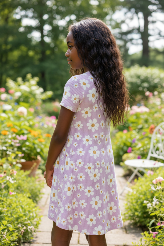 T-Shirt Dress - Pink Daisy Rib Knit
